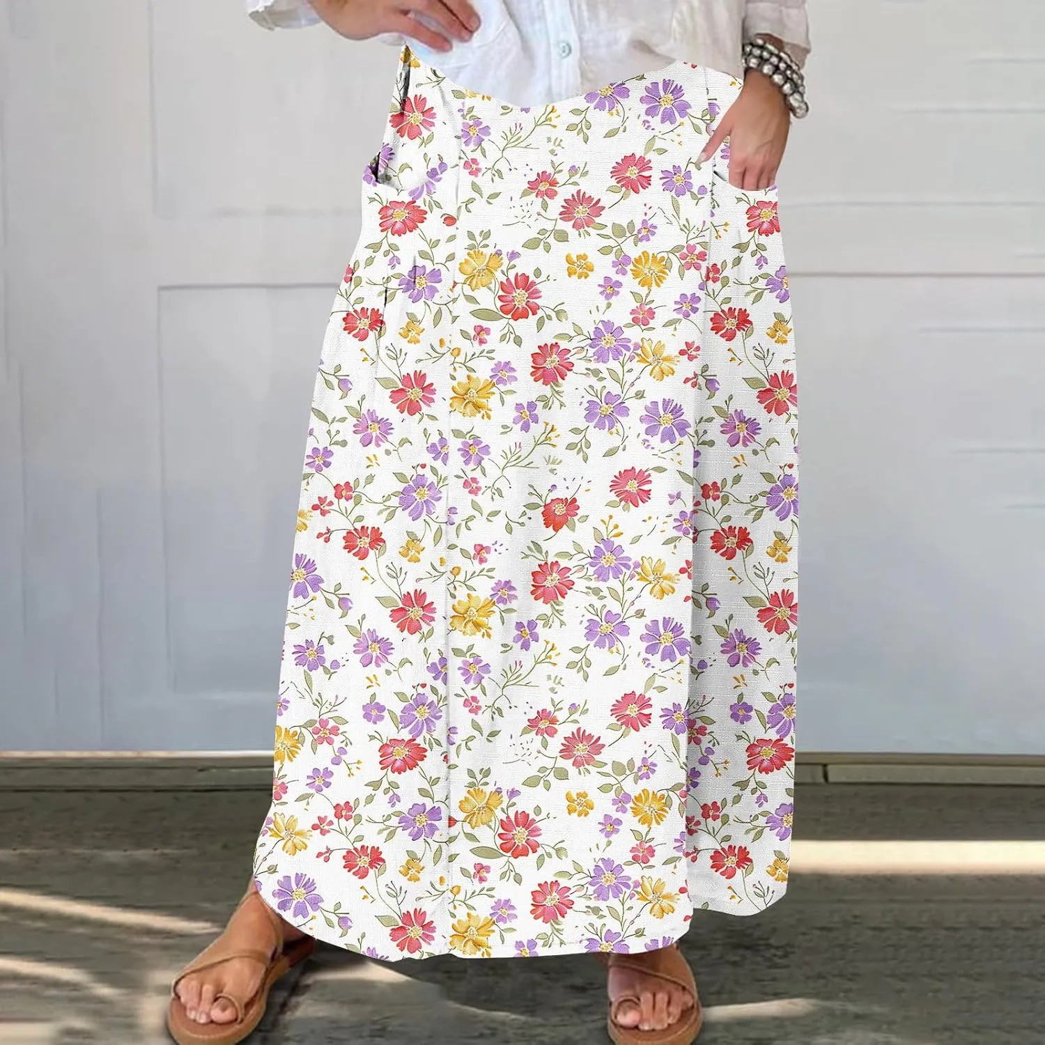 Women's Boho Floral Print High Waist A Line Ruffle Pleated Flowy Midi Skirts Comfy Casual Mid Calf Half Dress