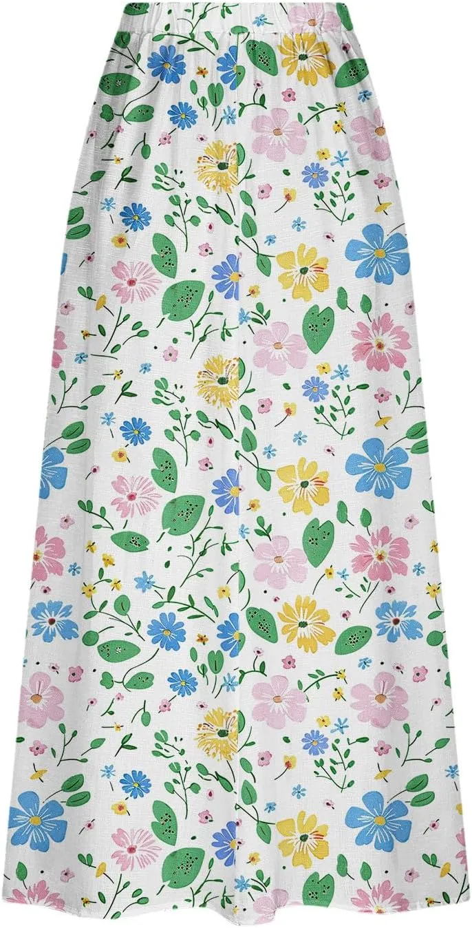 Women's Boho Floral Print High Waist A Line Ruffle Pleated Flowy Midi Skirts Comfy Casual Mid Calf Half Dress