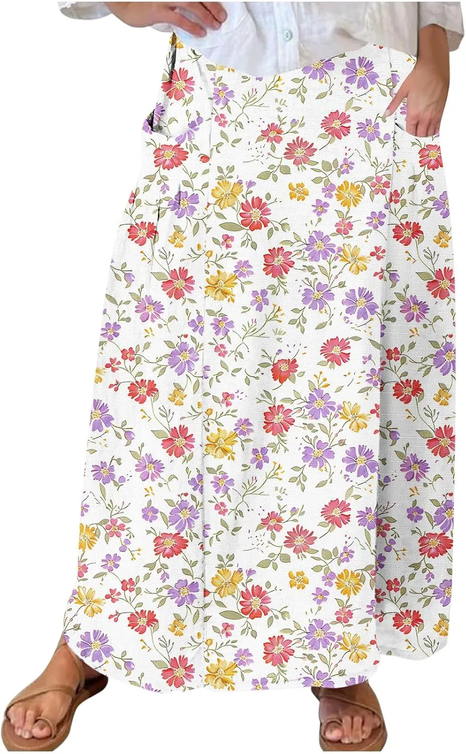 Women's Boho Floral Print High Waist A Line Ruffle Pleated Flowy Midi Skirts Comfy Casual Mid Calf Half Dress