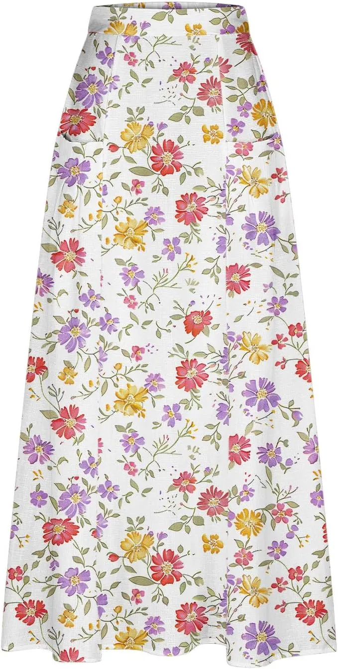 Women's Boho Floral Print High Waist A Line Ruffle Pleated Flowy Midi Skirts Comfy Casual Mid Calf Half Dress