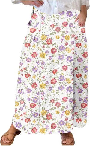 Women's Boho Floral Print High Waist A Line Ruffle Pleated Flowy Midi Skirts Comfy Casual Mid Calf Half Dress