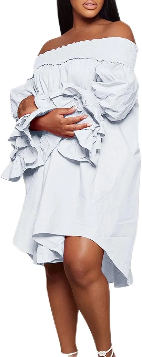Women's Casual A-Line Dresses Off Shoulder Ruffle Sleeve Sundress Summer Pleated Midi Dress Plus Size Sundress 2024