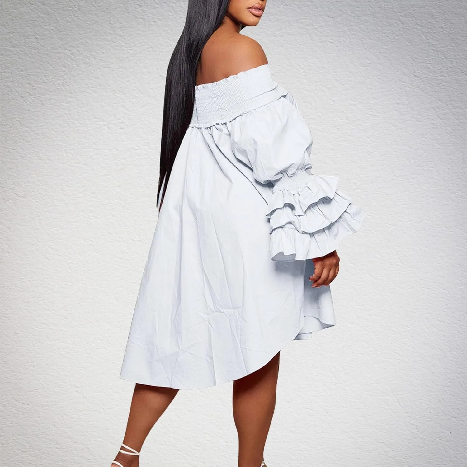 Women's Casual A-Line Dresses Off Shoulder Ruffle Sleeve Sundress Summer Pleated Midi Dress Plus Size Sundress 2024