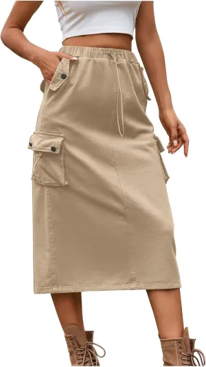 Women's Casual Cargo Denim Midi Skirt, Loose Comfy A-Line Skirts High Waisted Stretch Drawstring Streetwear Clothes