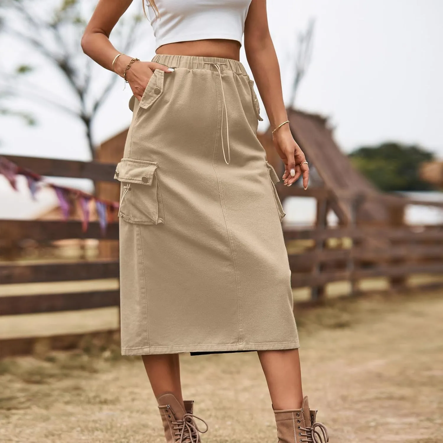 Women's Casual Cargo Denim Midi Skirt, Loose Comfy A-Line Skirts High Waisted Stretch Drawstring Streetwear Clothes