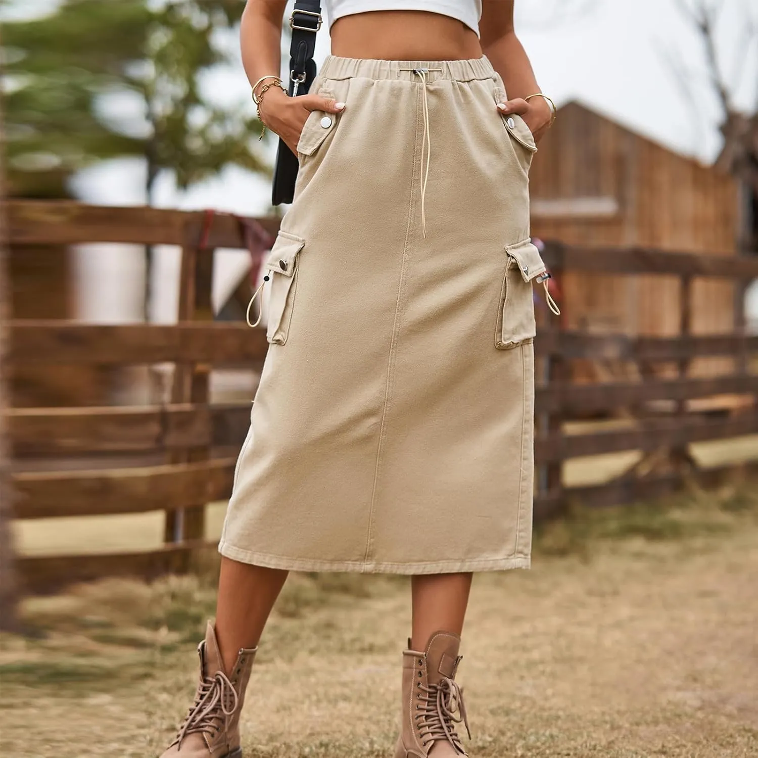 Women's Casual Cargo Denim Midi Skirt, Loose Comfy A-Line Skirts High Waisted Stretch Drawstring Streetwear Clothes