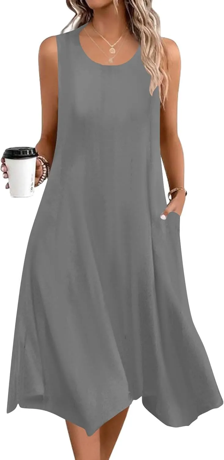 Women's Casual Dress for Summer Tank Dress Loose Flowy Beach Dress with Pockets Asymmetrical Hem Midi Sundress 2025