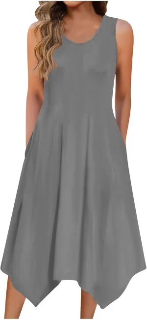 Women's Casual Dress for Summer Tank Dress Loose Flowy Beach Dress with Pockets Asymmetrical Hem Midi Sundress 2025
