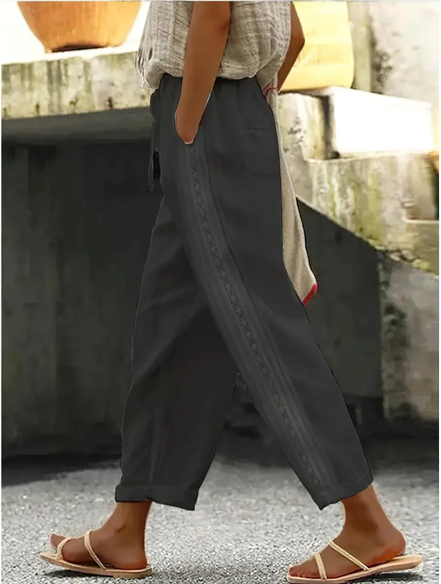 Women's Casual Linen Pants with Elastic Waist Relaxed Fit Straight and Wide Leg Crop Beach Trousers