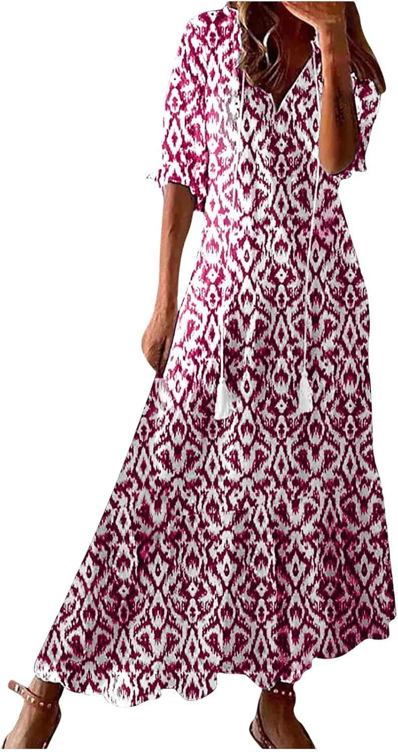 Women's Casual Loose Boho Floral Dresses 2025 Short Sleeve Drawstring V Neck Ruffle A Line Flowy Summer Beach Maxi Dress