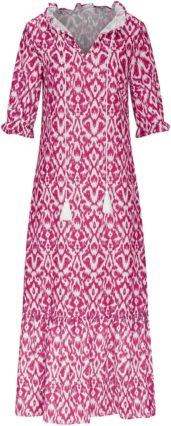 Women's Casual Loose Boho Floral Dresses 2025 Short Sleeve Drawstring V Neck Ruffle A Line Flowy Summer Beach Maxi Dress
