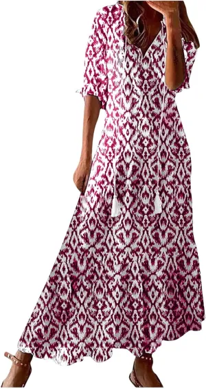 Women's Casual Loose Boho Floral Dresses 2025 Short Sleeve Drawstring V Neck Ruffle A Line Flowy Summer Beach Maxi Dress