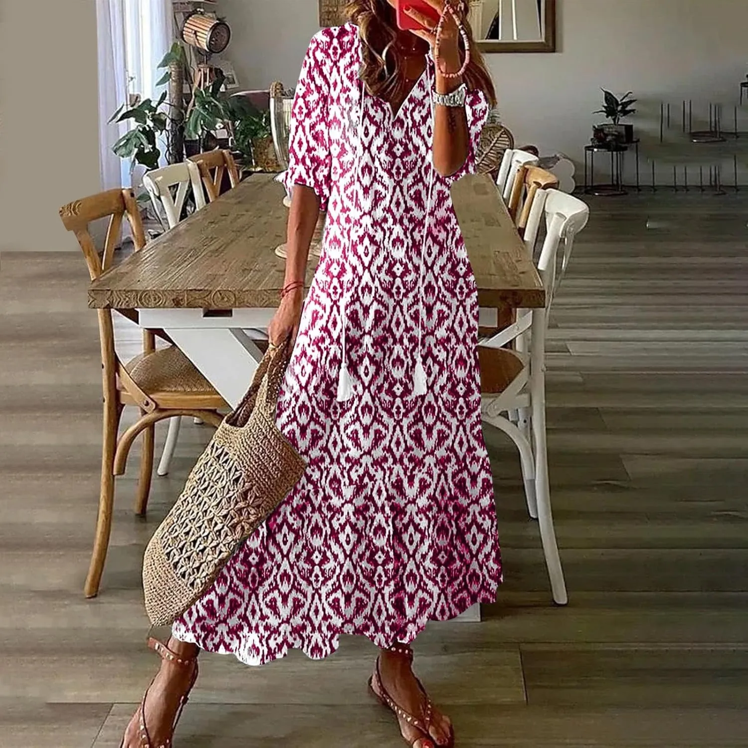 Women's Casual Loose Boho Floral Dresses 2025 Short Sleeve Drawstring V Neck Ruffle A Line Flowy Summer Beach Maxi Dress