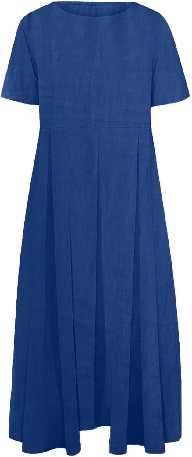 Women's Cotton Linen Maxi Dresses Plus Size Fashion Short Sleeves Crewneck Oversized Shirt Dress Beach Sundress