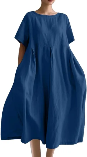 Women's Cotton Linen Maxi Dresses Plus Size Fashion Short Sleeves Crewneck Oversized Shirt Dress Beach Sundress