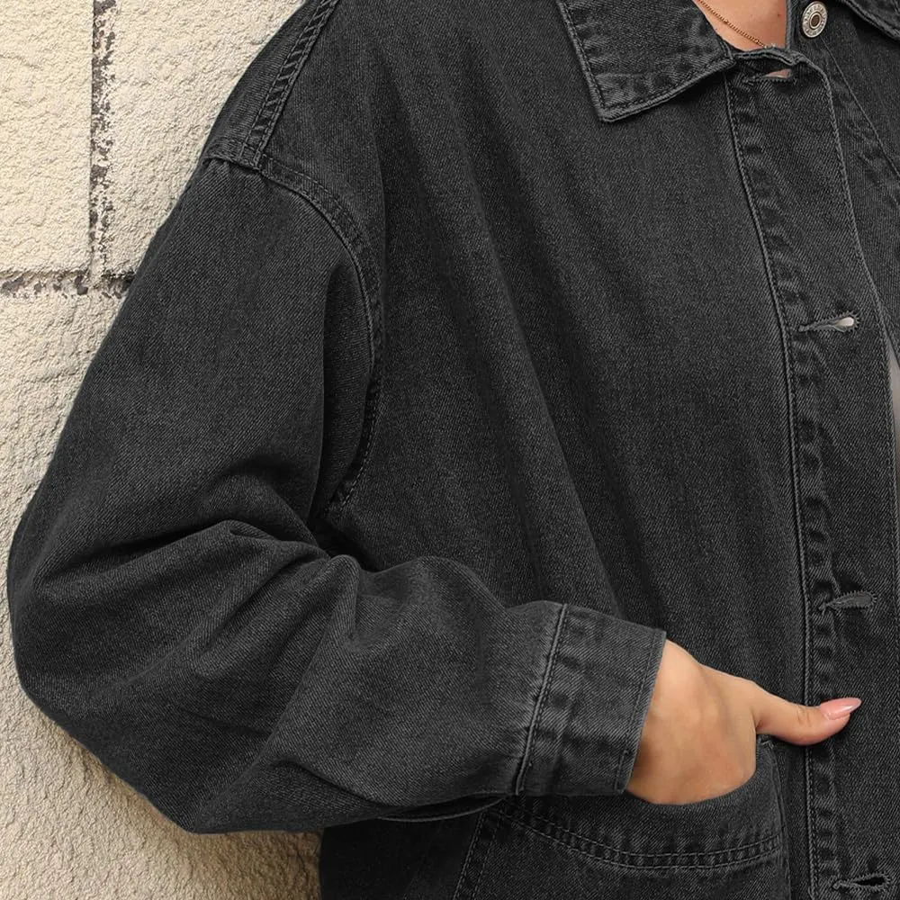 Women's Denim Jacket Oversize Long Sleeve Button Down Shirt Boyfriend Jeans Shacket Jacket Coat with Pocket