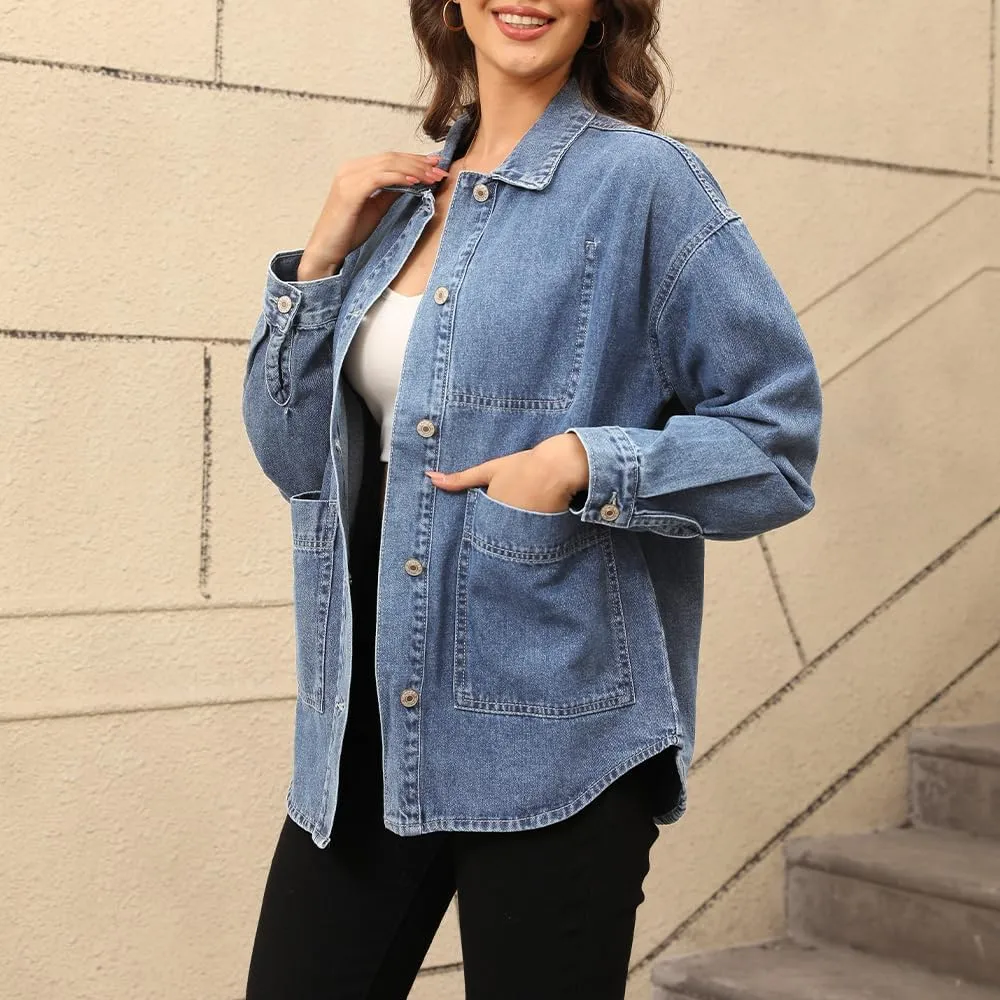Women's Denim Jacket Oversize Long Sleeve Button Down Shirt Boyfriend Jeans Shacket Jacket Coat with Pocket