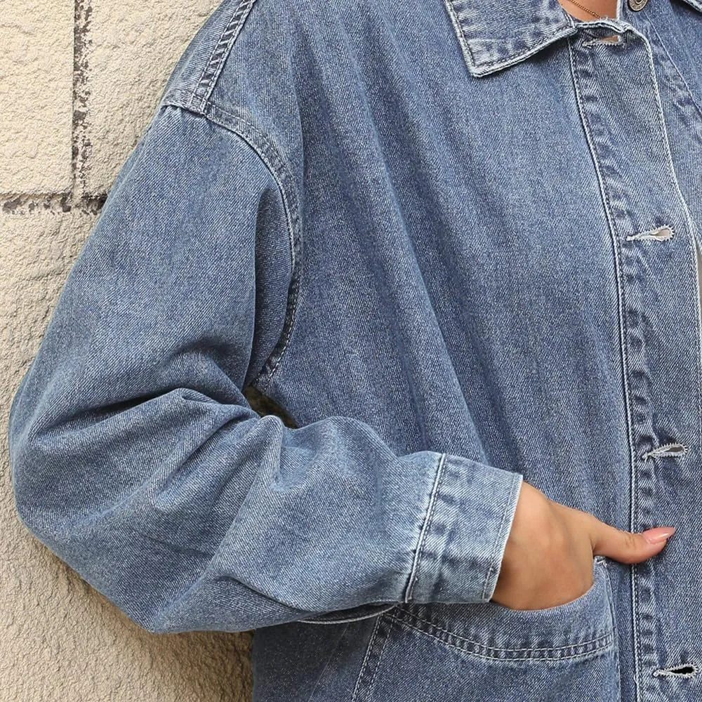Women's Denim Jacket Oversize Long Sleeve Button Down Shirt Boyfriend Jeans Shacket Jacket Coat with Pocket