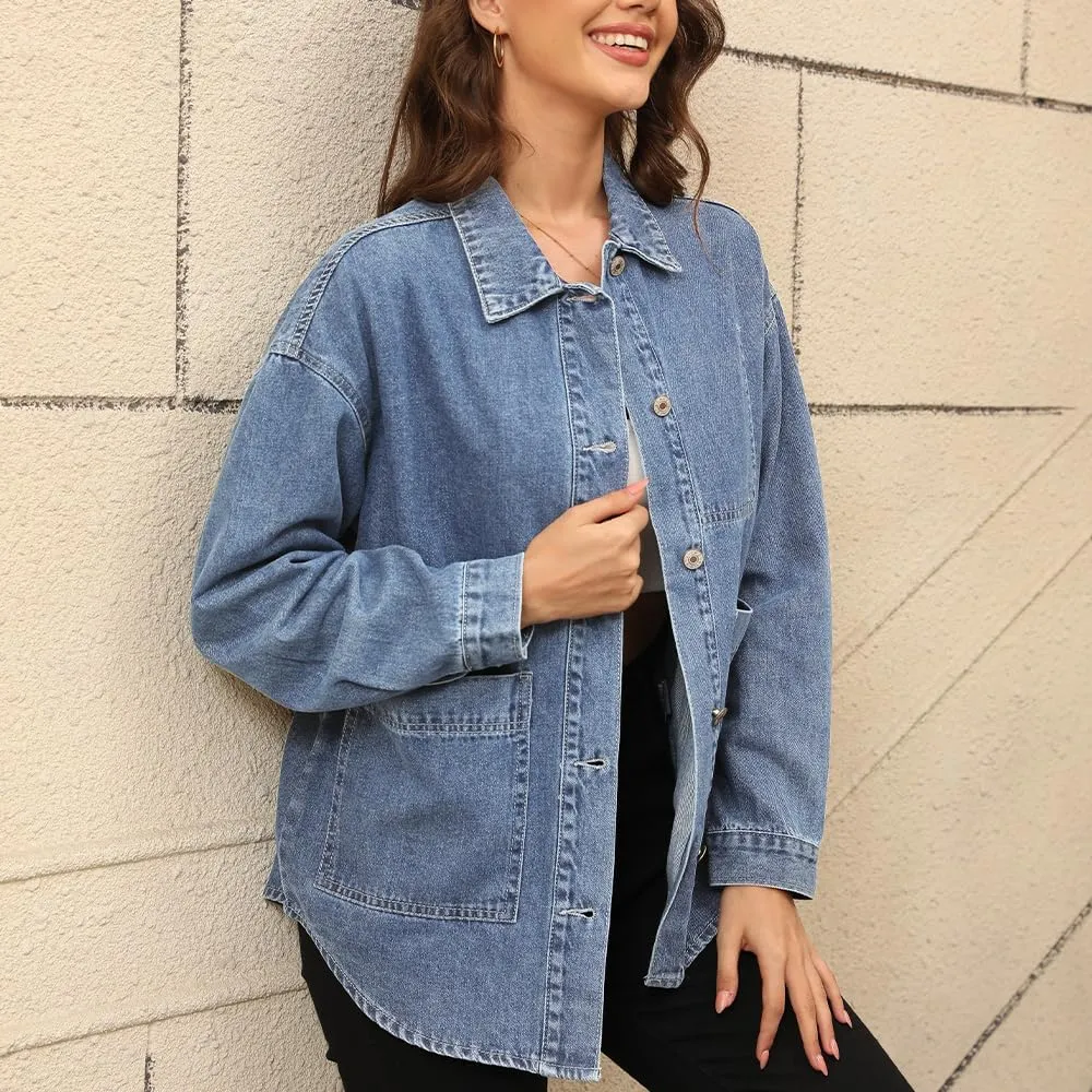 Women's Denim Jacket Oversize Long Sleeve Button Down Shirt Boyfriend Jeans Shacket Jacket Coat with Pocket