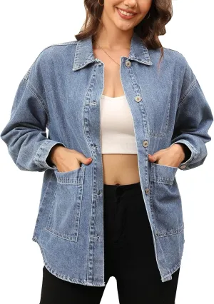 Women's Denim Jacket Oversize Long Sleeve Button Down Shirt Boyfriend Jeans Shacket Jacket Coat with Pocket