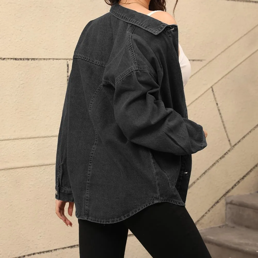 Women's Denim Jacket Oversize Long Sleeve Button Down Shirt Boyfriend Jeans Shacket Jacket Coat with Pocket