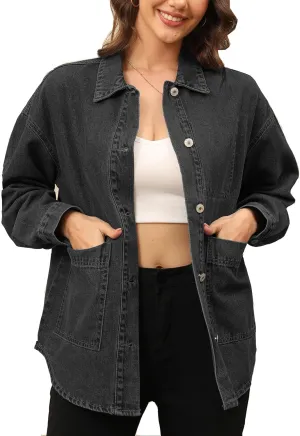 Women's Denim Jacket Oversize Long Sleeve Button Down Shirt Boyfriend Jeans Shacket Jacket Coat with Pocket