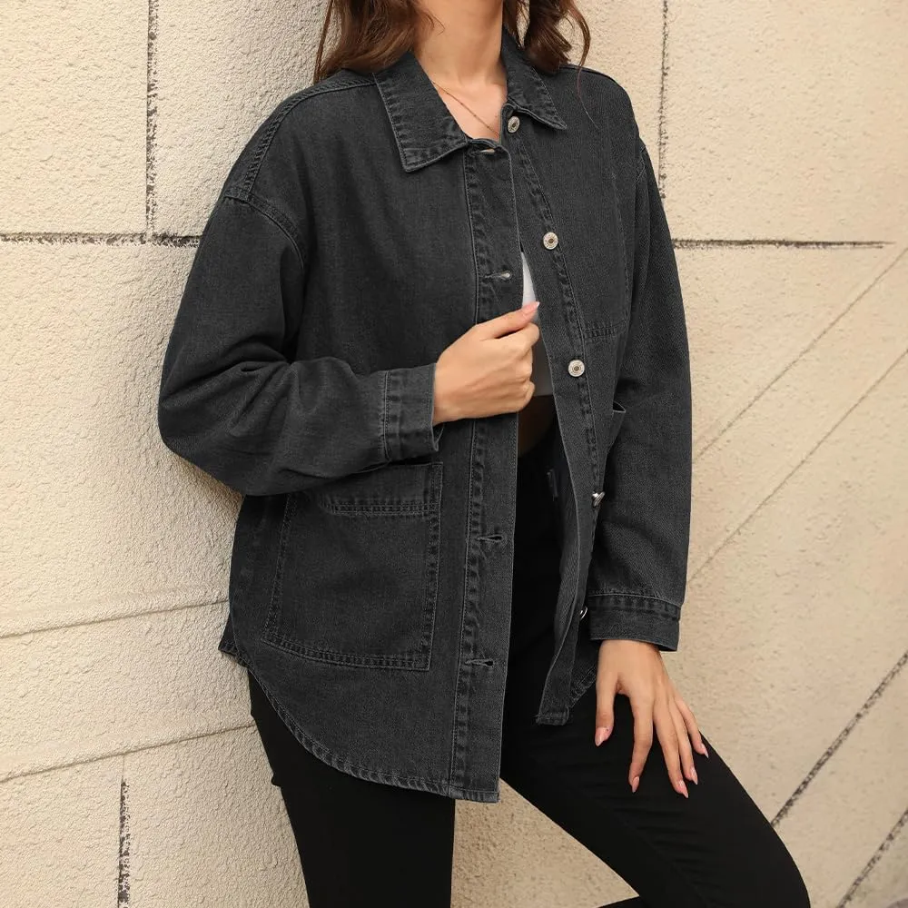 Women's Denim Jacket Oversize Long Sleeve Button Down Shirt Boyfriend Jeans Shacket Jacket Coat with Pocket