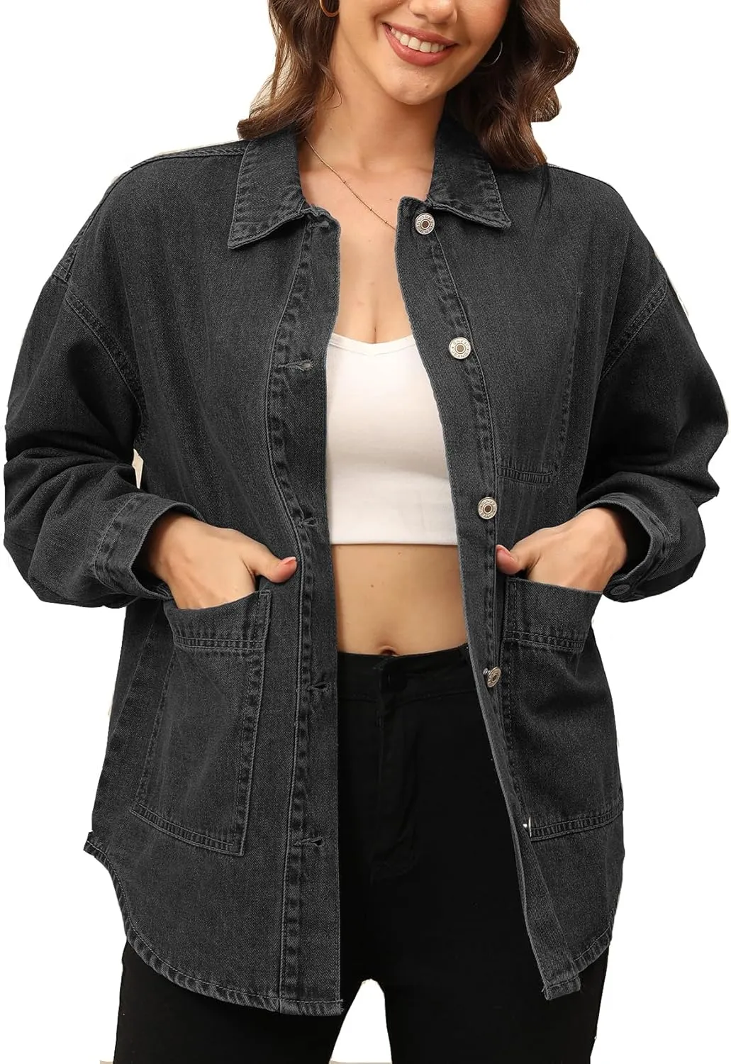 Women's Denim Jacket Oversize Long Sleeve Button Down Shirt Boyfriend Jeans Shacket Jacket Coat with Pocket