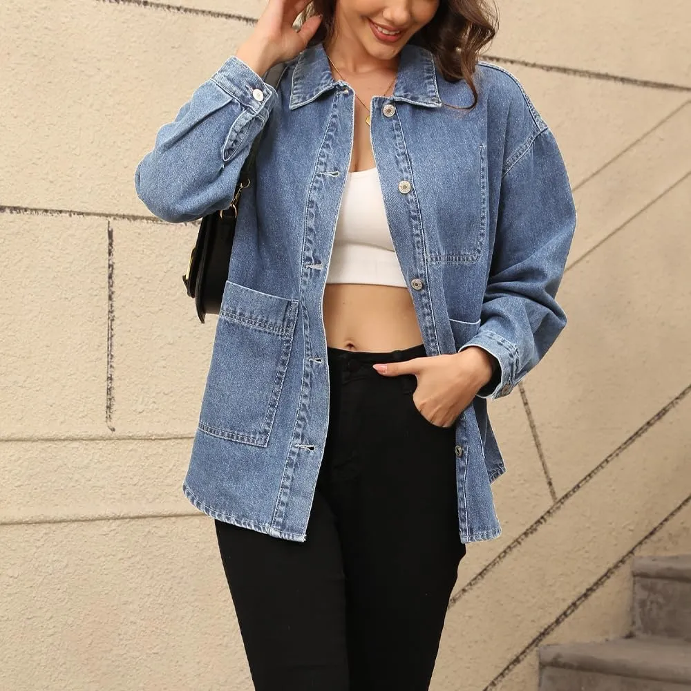 Women's Denim Jacket Oversize Long Sleeve Button Down Shirt Boyfriend Jeans Shacket Jacket Coat with Pocket