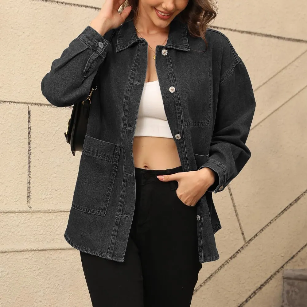 Women's Denim Jacket Oversize Long Sleeve Button Down Shirt Boyfriend Jeans Shacket Jacket Coat with Pocket