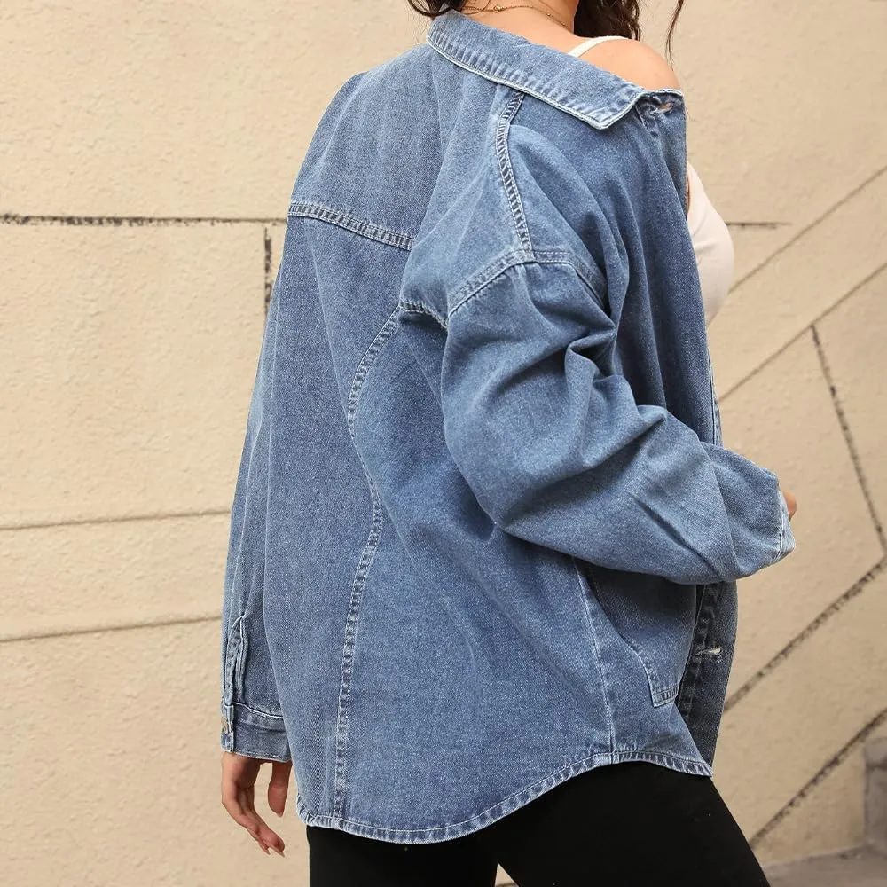 Women's Denim Jacket Oversize Long Sleeve Button Down Shirt Boyfriend Jeans Shacket Jacket Coat with Pocket