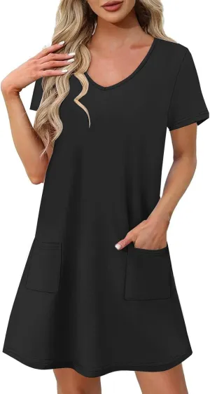 Womens Dress Loose Fit V Neck Casual Solid Color 2025 Summer Dresses Fashion Short Sleeve Mini Dress with Pockets