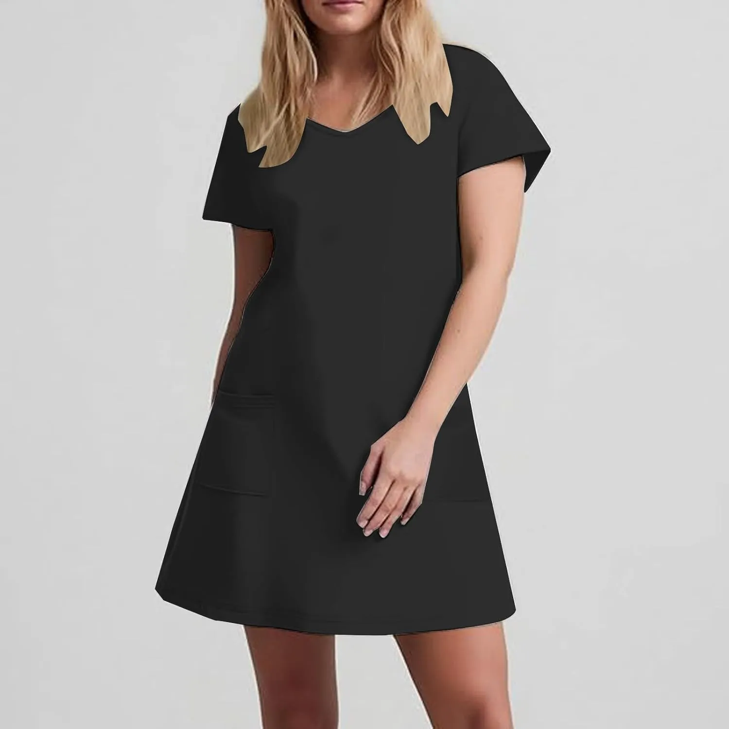 Womens Dress Loose Fit V Neck Casual Solid Color 2025 Summer Dresses Fashion Short Sleeve Mini Dress with Pockets