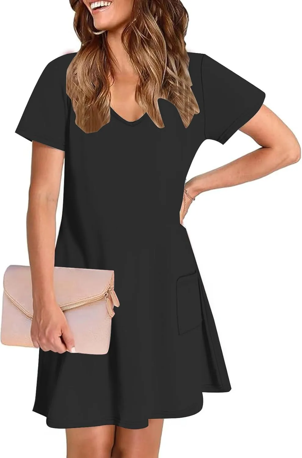 Womens Dress Loose Fit V Neck Casual Solid Color 2025 Summer Dresses Fashion Short Sleeve Mini Dress with Pockets
