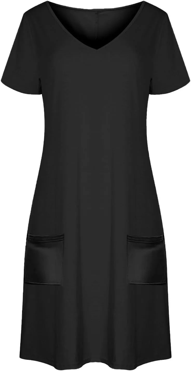 Womens Dress Loose Fit V Neck Casual Solid Color 2025 Summer Dresses Fashion Short Sleeve Mini Dress with Pockets