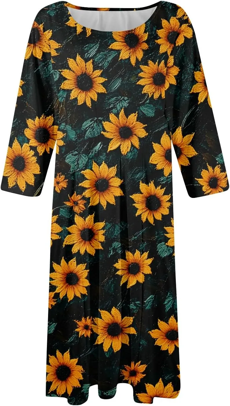 Womens Dresses Casual Spring 3/4 Sleeve A Line Dress Floral Print Midi Dress Summer Pleated Dress with Pocket
