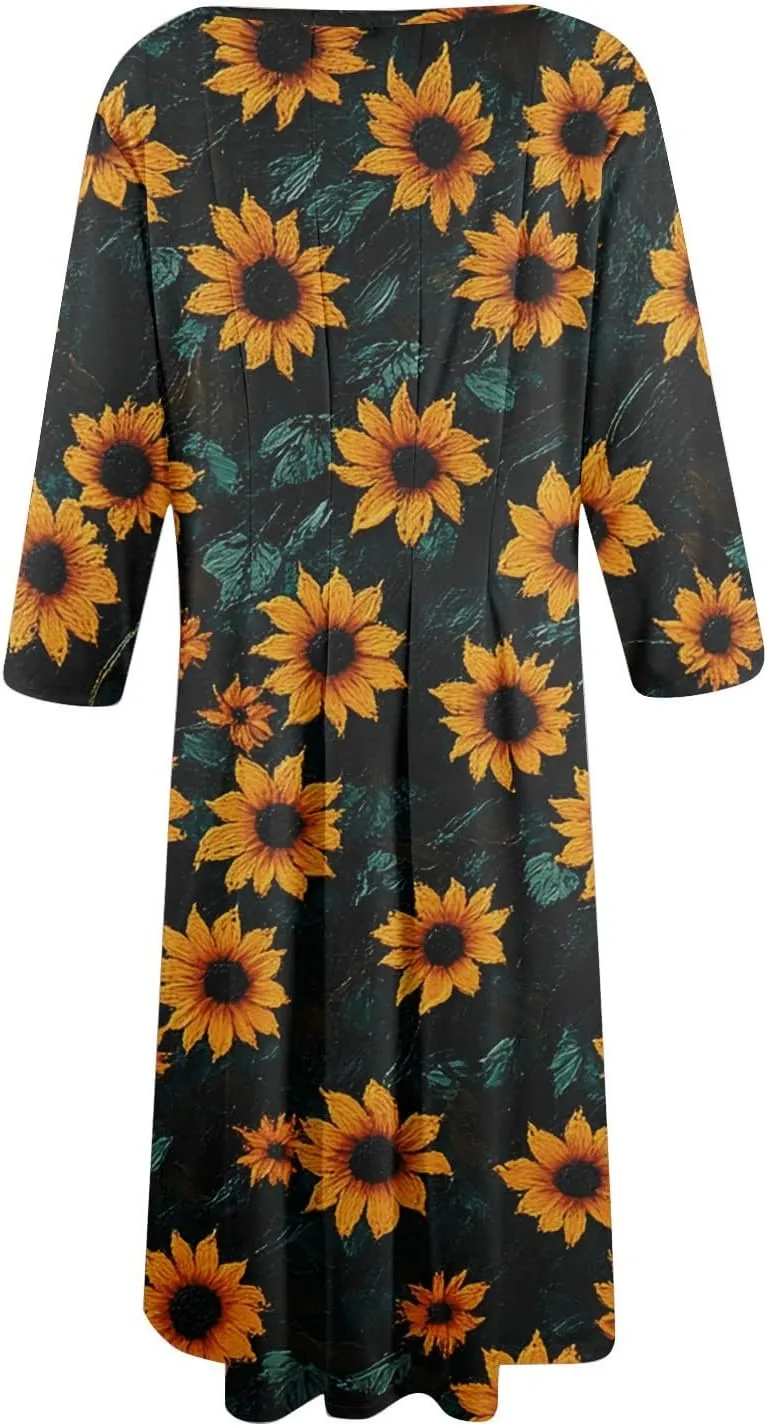 Womens Dresses Casual Spring 3/4 Sleeve A Line Dress Floral Print Midi Dress Summer Pleated Dress with Pocket