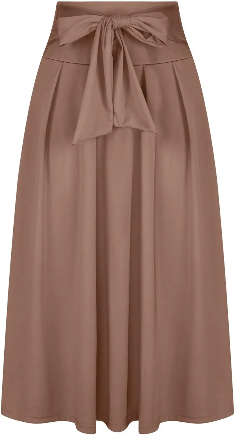 Women's Elegant High Waist Maxi Skirt Tie Front Pleated A-Line Skirts Loose Fit Flowy Dressy Skirt Summer Maxi Skirt