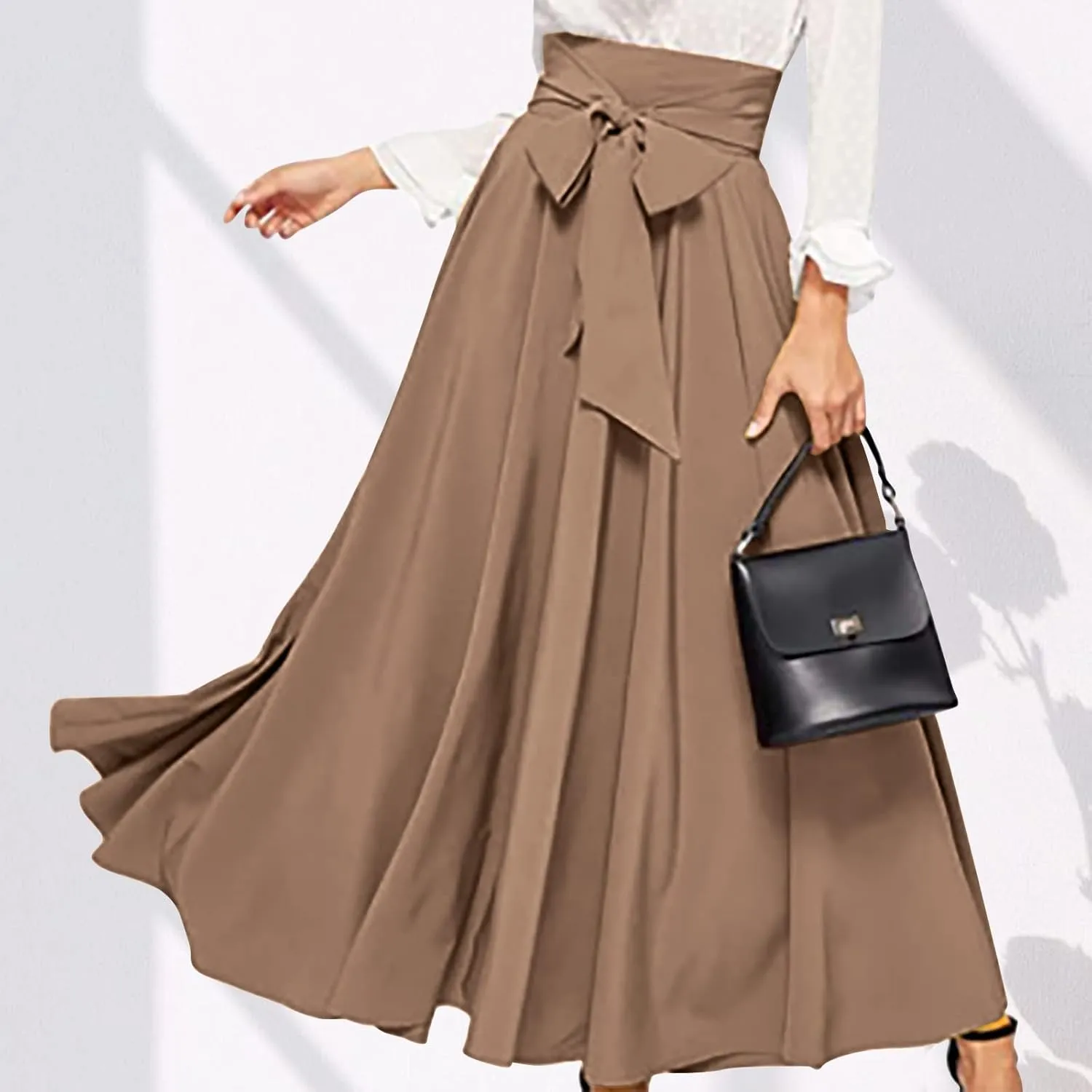 Women's Elegant High Waist Maxi Skirt Tie Front Pleated A-Line Skirts Loose Fit Flowy Dressy Skirt Summer Maxi Skirt
