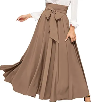 Women's Elegant High Waist Maxi Skirt Tie Front Pleated A-Line Skirts Loose Fit Flowy Dressy Skirt Summer Maxi Skirt