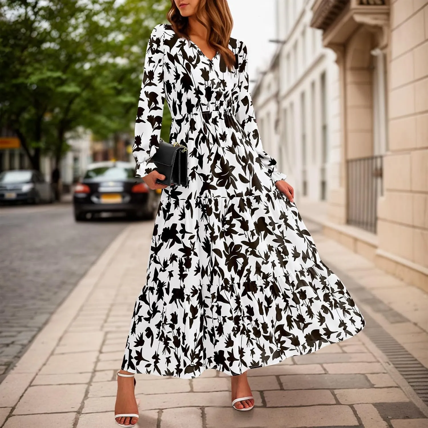 Women's Fall Maxi Dress V Neck Long Sleeve Tiered Ruffle Flowy A Line Cocktail Party Dresses