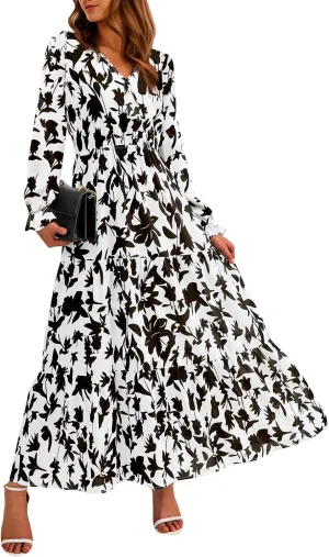 Women's Fall Maxi Dress V Neck Long Sleeve Tiered Ruffle Flowy A Line Cocktail Party Dresses