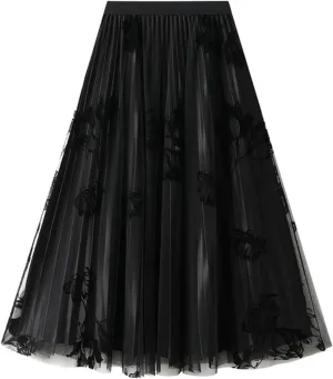 Womens Floral Mesh Pleated Skirt Elegant High Waisted Midi A Line Skirts Summer Casual Flowy Cute Tulle Fairy Skirt