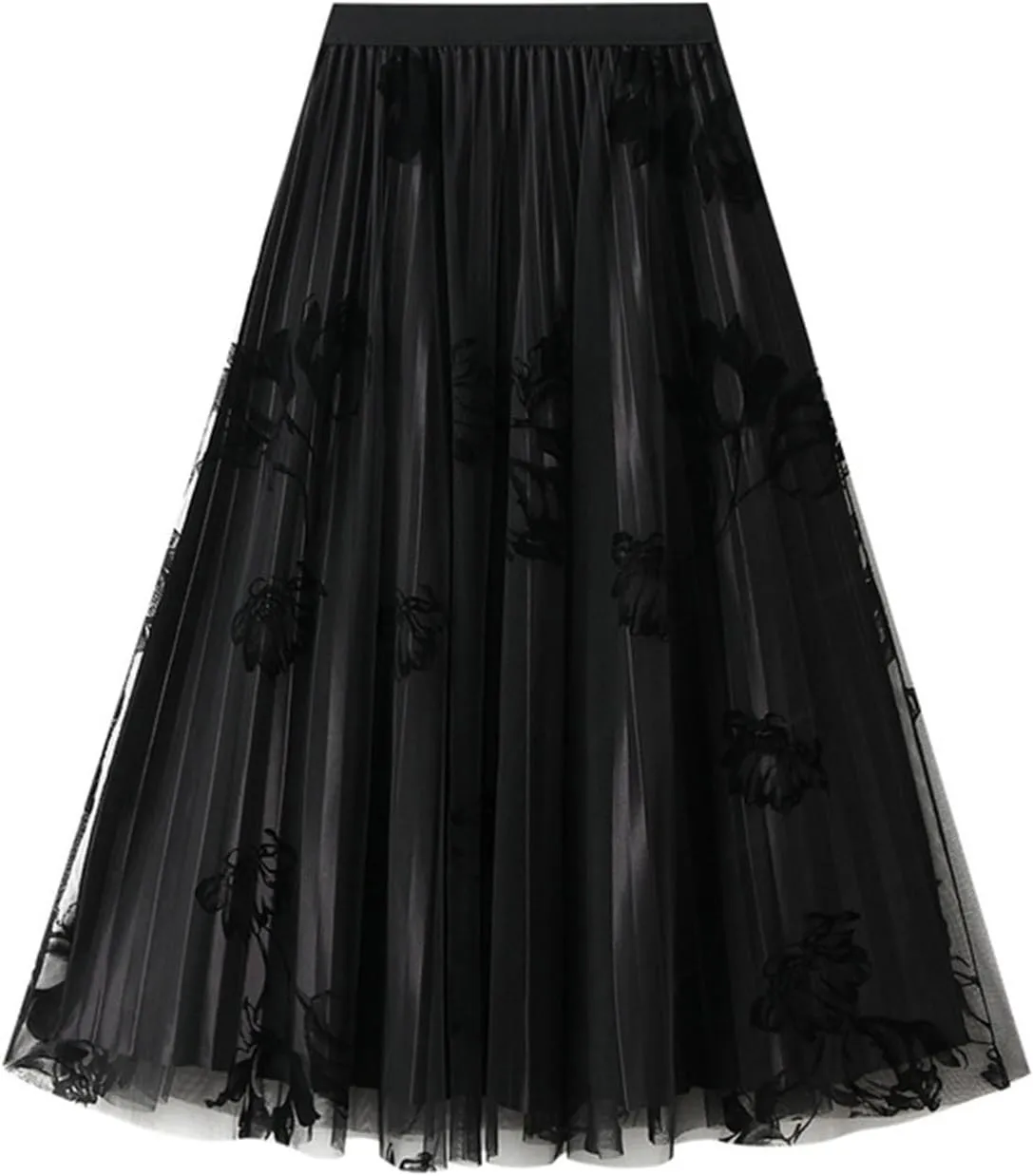 Womens Floral Mesh Pleated Skirt Elegant High Waisted Midi A Line Skirts Summer Casual Flowy Cute Tulle Fairy Skirt