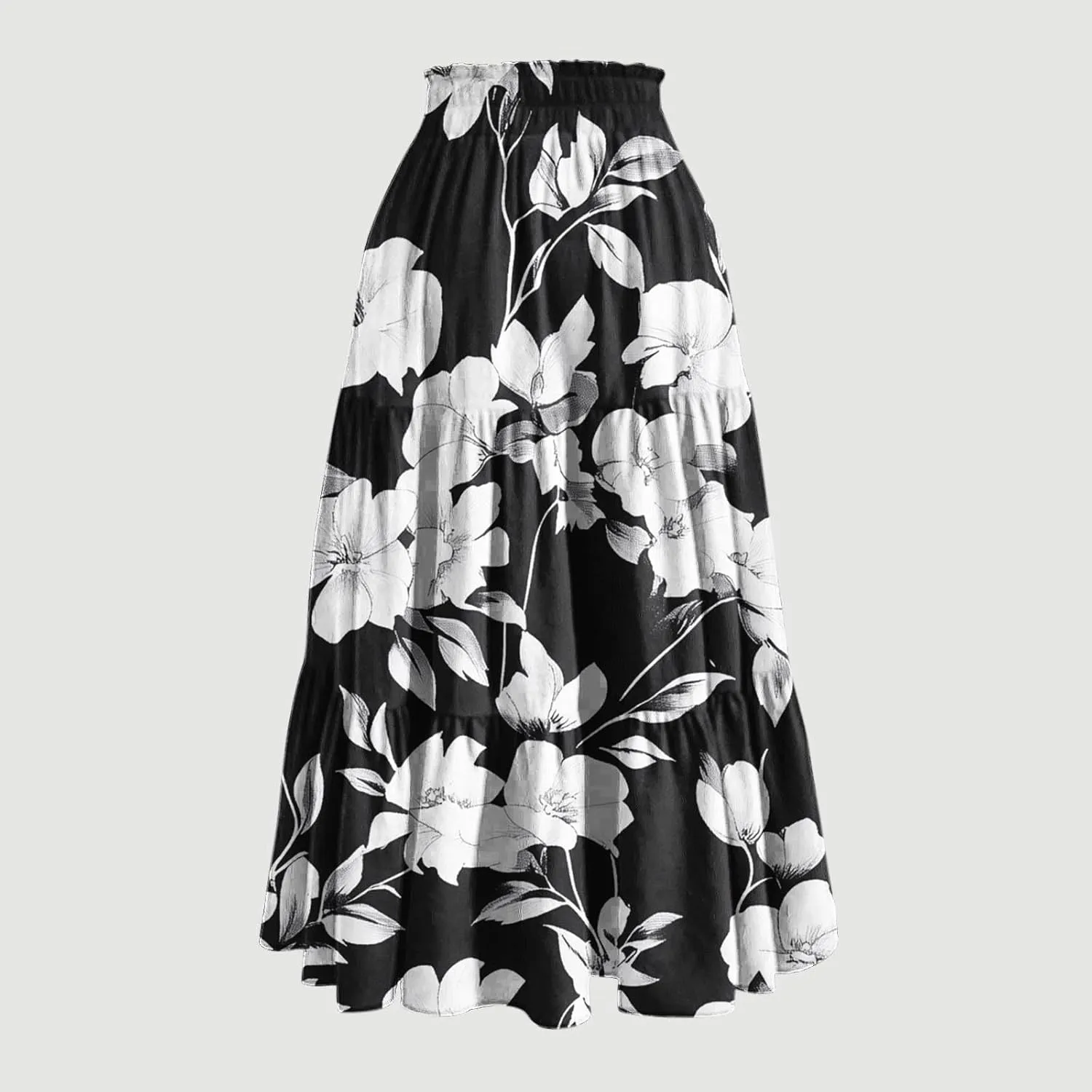 Womens Floral Print Long Skirt Boho Summer Beach Vacation Pleated Drawstring Elastic High Waisted Casual Maxi Skirt