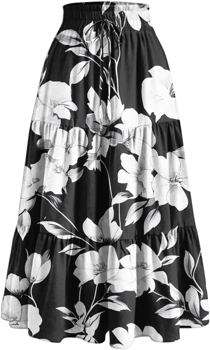 Womens Floral Print Long Skirt Boho Summer Beach Vacation Pleated Drawstring Elastic High Waisted Casual Maxi Skirt