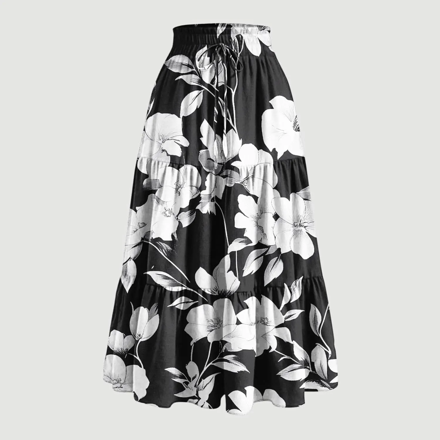Womens Floral Print Long Skirt Boho Summer Beach Vacation Pleated Drawstring Elastic High Waisted Casual Maxi Skirt