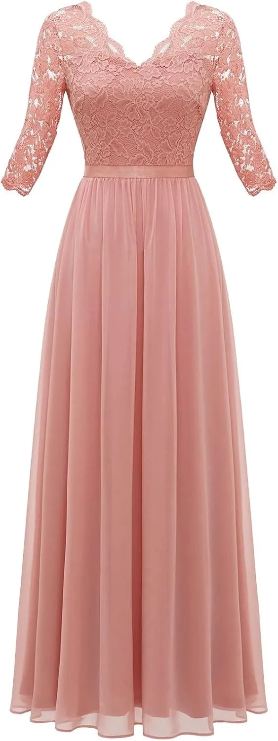 Women's Lace Applique Chiffon Bridesmaid Dress 3/4 Sleeves V Neck Elegant Formal Evening Gowns Party Maxi Dresses