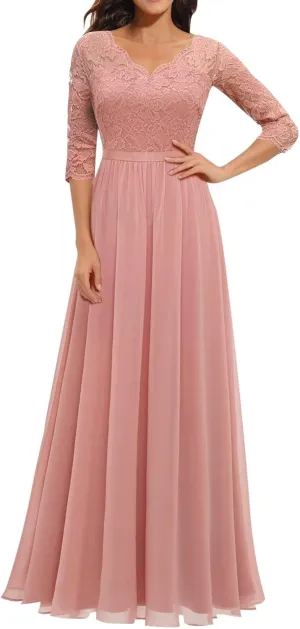 Women's Lace Applique Chiffon Bridesmaid Dress 3/4 Sleeves V Neck Elegant Formal Evening Gowns Party Maxi Dresses