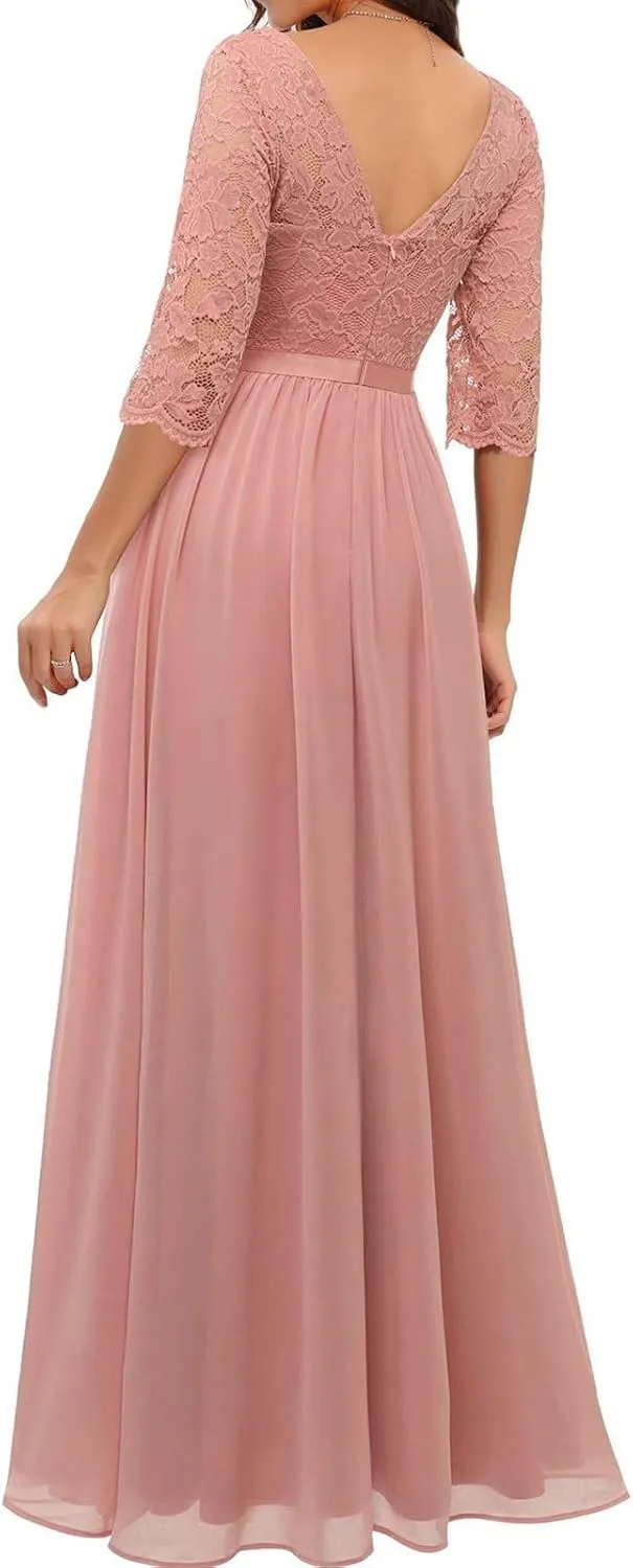 Women's Lace Applique Chiffon Bridesmaid Dress 3/4 Sleeves V Neck Elegant Formal Evening Gowns Party Maxi Dresses